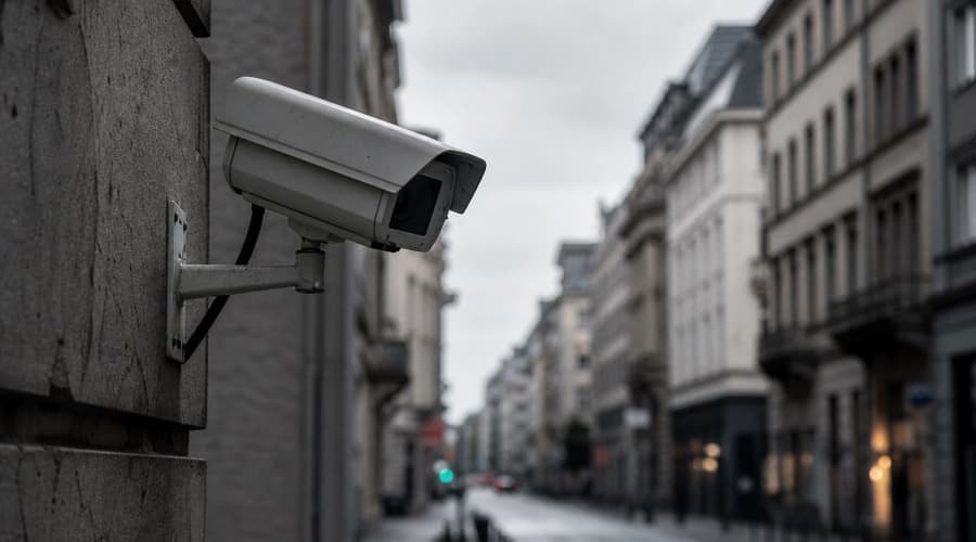 Überwachungskamera in einer grauen Stadtstraße